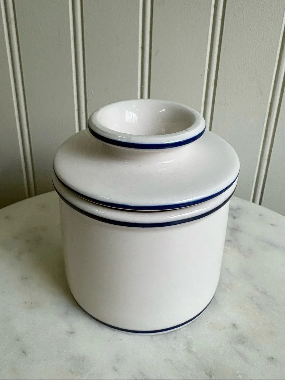 Vintage L Tremain Ceramic Butter Bell Cream & Navy Blue Farmhouse Country Rustic
